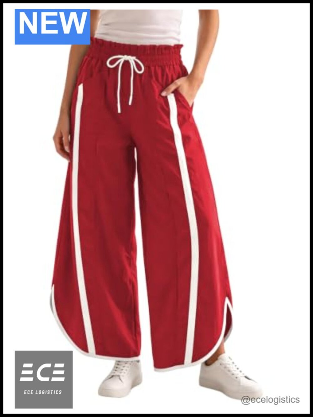 Wide Leg Striped Track Pants with Pockets & Drawstring Waist